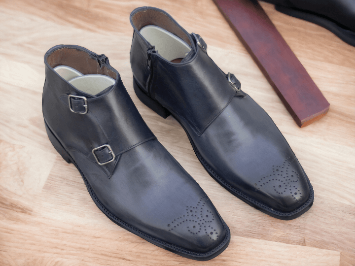 Stylish Handmade Men's Black Leather Brogue Double Monk Strap & Side Zipper Boots, Men Ankle High Boots - Premium Wing Tip Boots from Crafted Step - Just $159.99! Shop now at Crafted Step