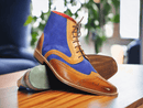 Awesome Handmade Men's Brown Leather And Blue Suede Wingtip Brogue Boots - Premium Wing Tip Boots from Crafted Step - Just $159.99! Shop now at Crafted Step